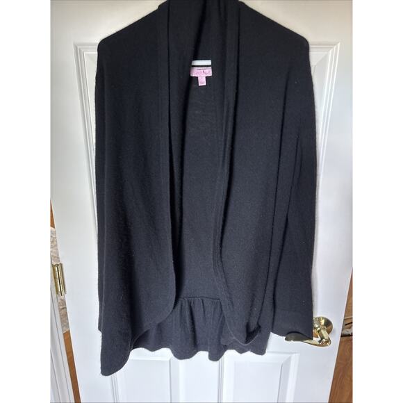 Lilly Pulitzer Bryn Cardigan Black Cashmere Ruffle Hem Open Front Sweater Sz L - Picture 1 of 9